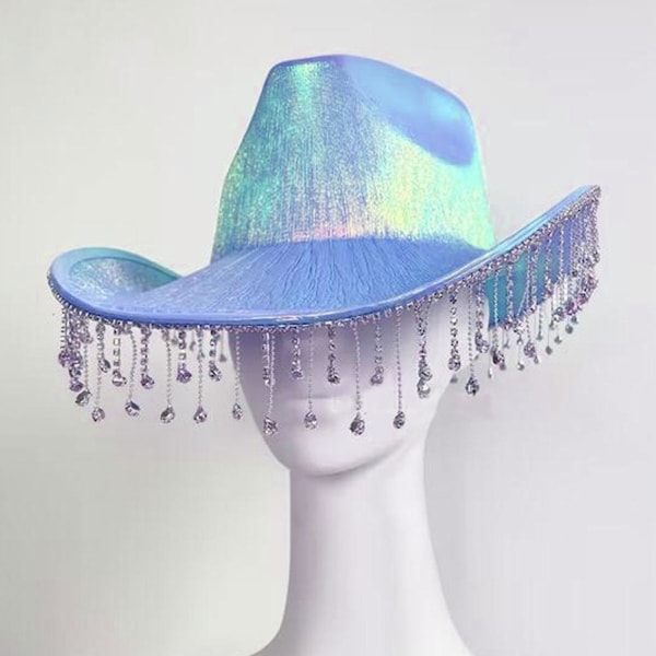 Cowgirl hat til kvinder Neon cowboyhatte med rhinestone frynser holografisk glitter kostume til disco dansefest (blå)