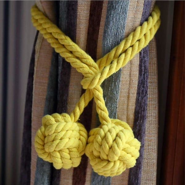 Ett par håndlagde gardinbindere, bundet gardinklemme kvast bomullstau, knyteball bakgardintilbehør (gul)