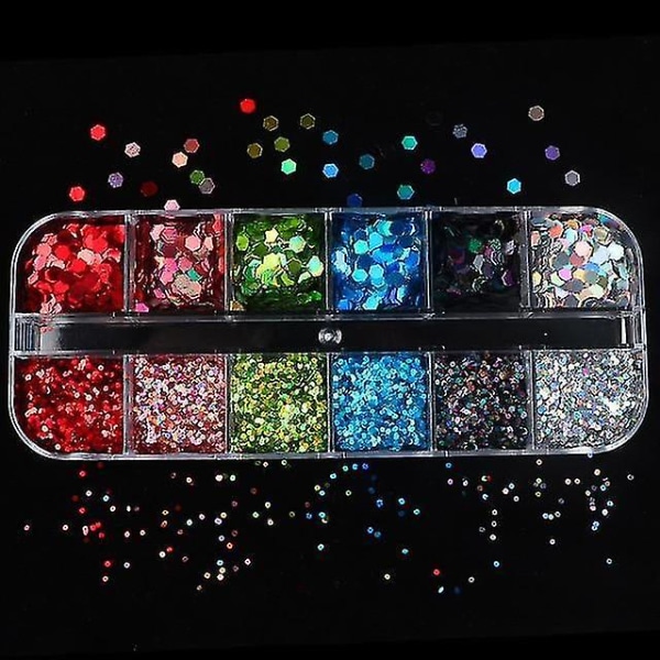 12LBX2 Holografisk Nail Art Glitter 3d Farge Full Flakes