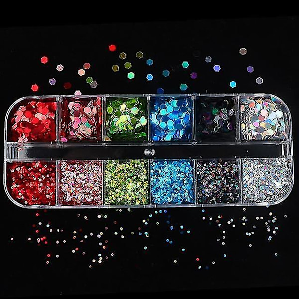12LBX2 Holografiskt nagelkonstglitter 3d färgade flingor