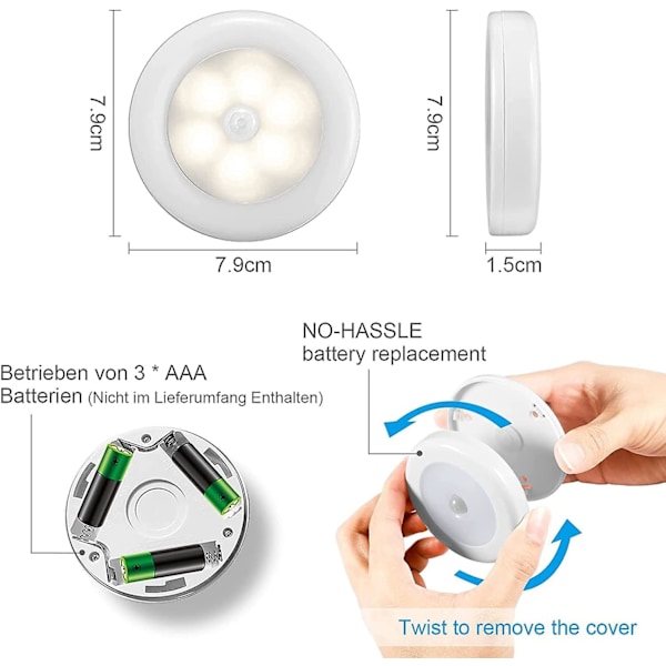 Nattlampa med LED och inbyggd rörelsesensor, batteridriven LED-lampa med 3M-tejp