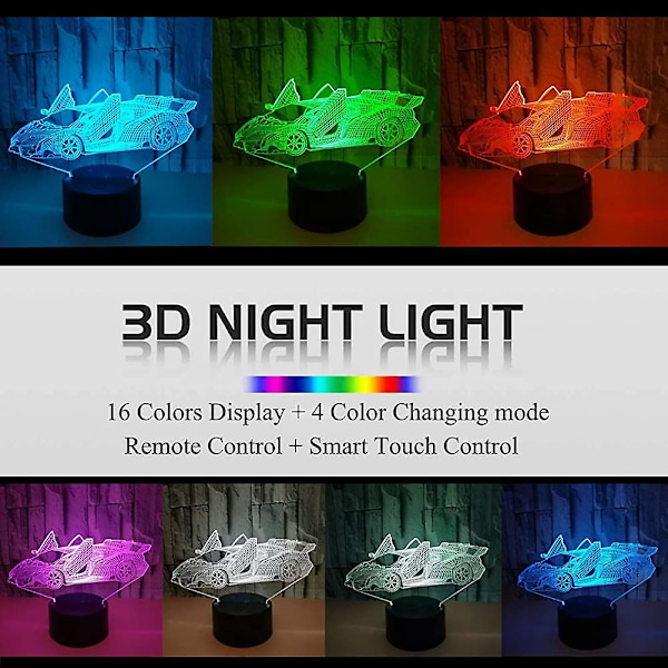 3D-illusion lampor LED-sportbilsnattlampor USB-fjärrkontroll 16 färger Acsergery-gåva