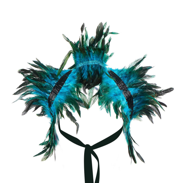 Sort gotisk fjerkappe til halloweenfest, skulderomslagskrave sjal med ægte fjer og fløjlsbånd（Lake Blue）