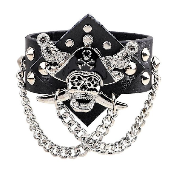 Breda nitarmband i läder med karibisk pirataccessoar