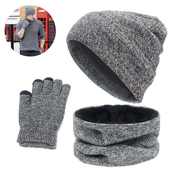 1 set/ 3 st vintermössa halsduk handskar set för män och kvinnor, mössa handskar halsvärmare set med varm stickad fleecefodrad（grå）