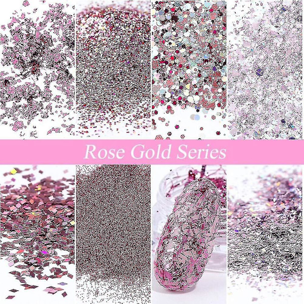 Nagelkonst Paljetter Glitter, 8 Lådor/set Ros Guld Rosa Nagel Flakes Färgglada Blandade Nagel Glitter