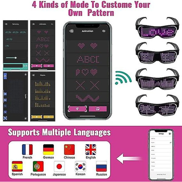 Led för män kvinnor Cyberpunk Light Up glasögon Led Bluetooth Rave glasögon Glow Led glasögon Usb uppladdningsbar med text Graffiti animering Rhythm för Nigh
