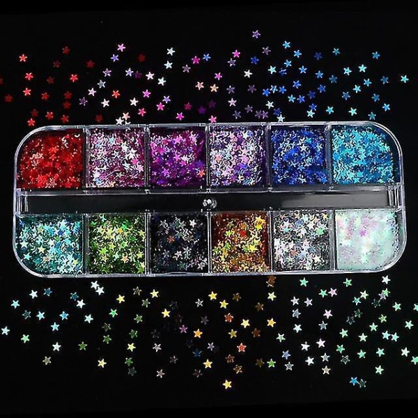 12LSXX Holografisk Nail Art Glitter 3d Farge Full Flakes