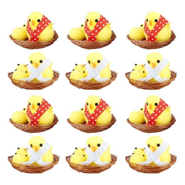 12-Pack Easter Mini Chicken Nest Mini Fluffy Chick Desktop Mini Chicken Decoration (5.00X4.00X3.50CM, as shown in the picture)