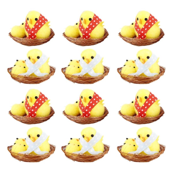 12-Pack Mini Chicken Nest Mini Fluffy Chick Desktop Mini Kyllingdekorasjon (5.00X4.00X3.50CM, som vist på bildet)