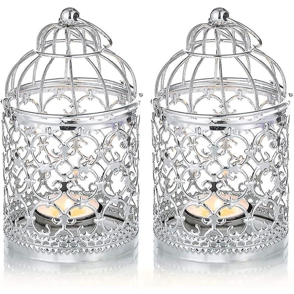 2 st liten metall värmeljus hängande fågelburslykta, vintage dekorativa centerpieces (silver)