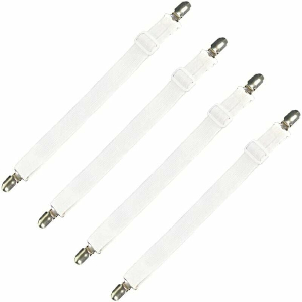 Set med 4 sängklädestillbehör justerbar lakansträckare elastisk remfäste, för lakan, soffa, strykbrädesöverdrag - 30cm till 120cm, vit