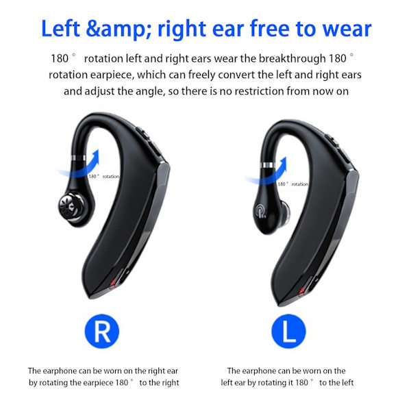 Business Driving Ear Hook-S Trådlöst Bluetooth Snabbladdningsheadset Röststyrningsfunktion 180 Rotation Vänster Och Höger Öra Växling（Svart）