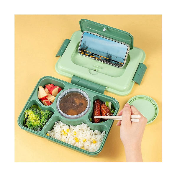 Lunchlåda 1600ml 5 fack Bentolåda Vuxen Med Inbyggd Återanvändbar Sked Ätpinnar Resa (grön