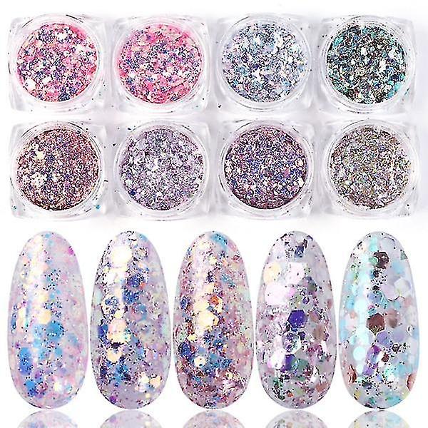 1506 08 Mix Glitter Nail Art Powder Flakes Set Holografiske Paljetter Til Manikyr