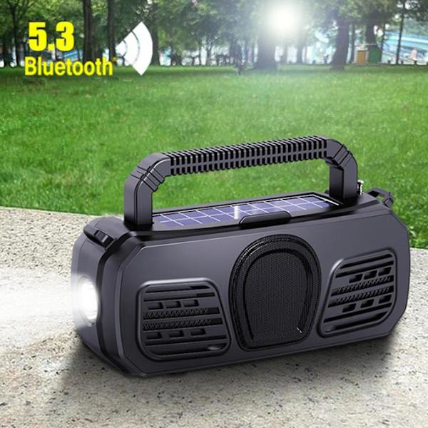 Bärbar Bluetooth 5.3-högtalare, trådlös utomhushögtalare, bekväm och multifunktionell ficklampa, subwoofer, solhögtalare (svart)