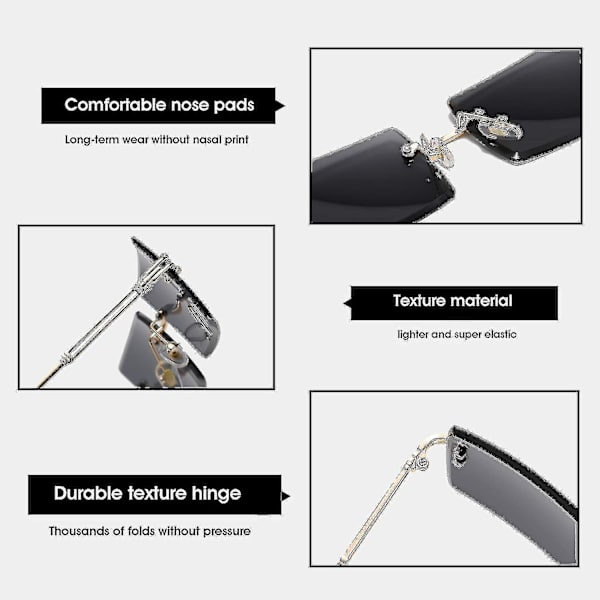 Kehyksettömät suorakaiteen muotoiset aurinkolasit, jotka sopivat naisille/miehille, ultralight metallirunkoiset silmälasit, muodikkaat neliönmuotoiset UV400-lasit, unisex (harmaa läpinäkyvä tee)