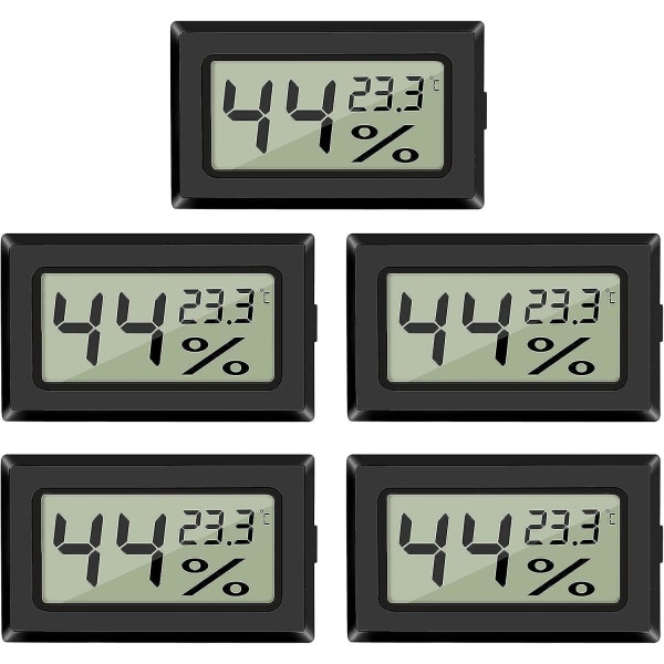 5 pakke LCD digitalt hygrometer termometer, mini digitalt termometer hygrometer for drivhusbil hjemmekontor, svart