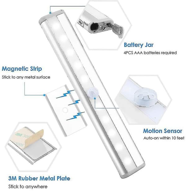 Bevegelsessensor Lyslist, (10 Led, 3 Pakk) Garderobe Trådløs Lampe
