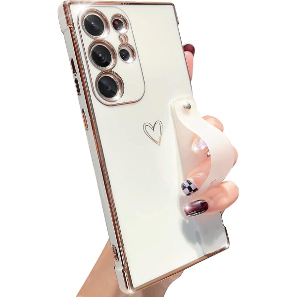 Sött hjärtmönster Tpu-pläterat fodral kompatibelt med Galaxy S23 Ultra, med justerbar handledsrem