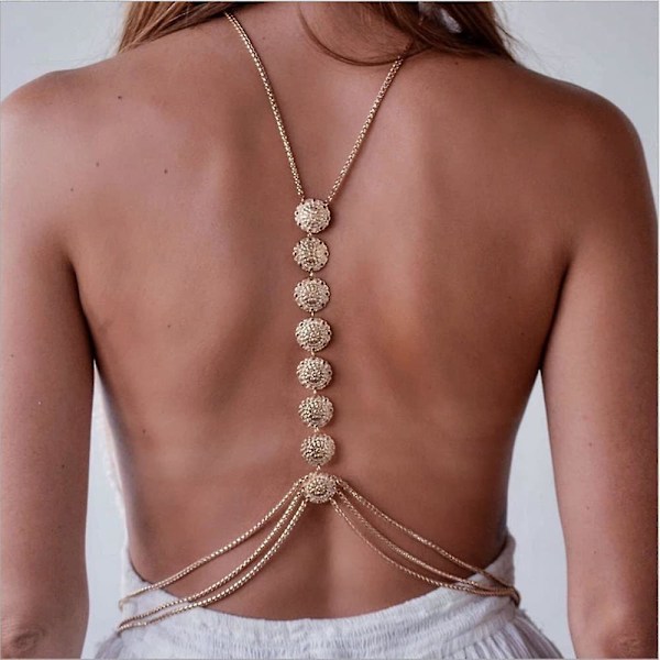 Bohemian Coin Body Chain Sexy Back Halskæde Smykker Strand Krop Tilbehør til Kvinder Lagdelt Sele Bikini Kæde (20 tommer, Guld)