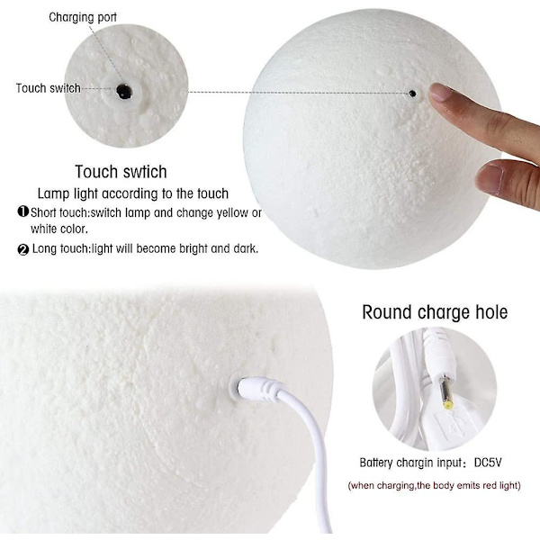 7,9\" Stor 3D Månelampa, Full Moon Lamp Light, 3D-utskrift Dimbar Modern Golv
