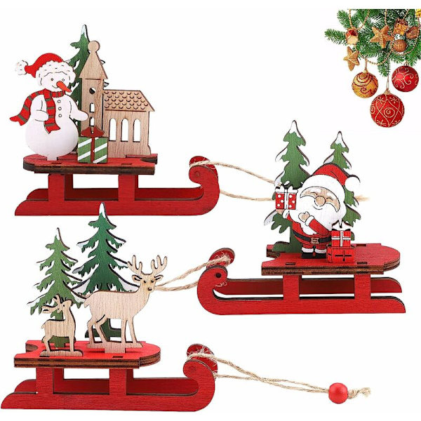 3 st jultomte-släde dekorationer i trä, jultomte, snögubbe, älg, bordsdekorationer, festivalhem, festdekorationer för jul, barnpresenter