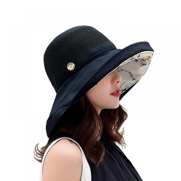 Hatt, Mors dag Dam bomull bred brätte solhatt tråd kant sommar UV-skydd Upf Boho hatt för strand vandring trädgård (Svart)