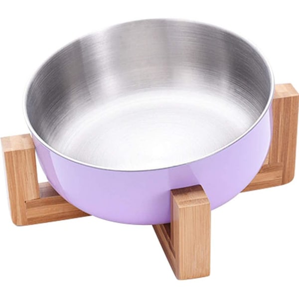 Pet Feeder Feeding Bowl Stainless Steel Bamboo Rise Food BowlPurple