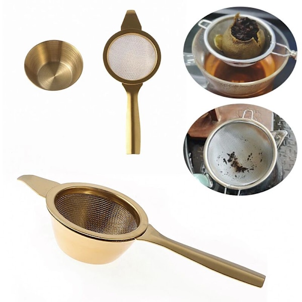 1 set återanvändbar fin tesil Kongfu sil rostfritt stål sil återanvändbar tekanna infuser med guldhandtag