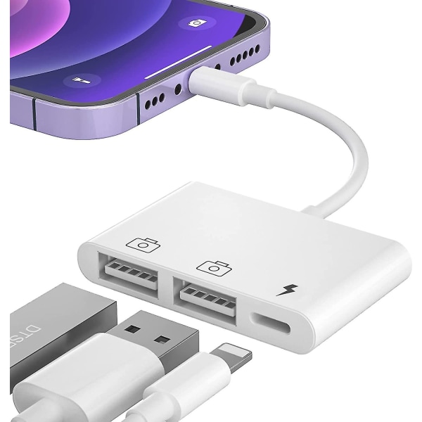 Iphone till USB 3 kameraadapter, 3 i 1 bärbar dubbel USB hona Otg-adapter med laddningsport kompatibel för Iphone 12/11