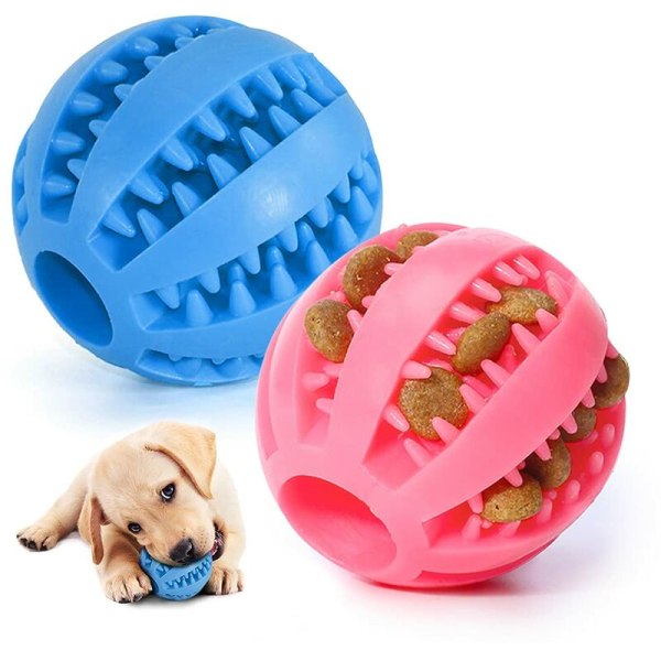 2 hundleksaksbollar，Gummi-tuggboll för hund rena tänder, giftfri, bitsäker leksak，Interaktivt IQ-pusselträningsleksaksboll för liten medelstor hund