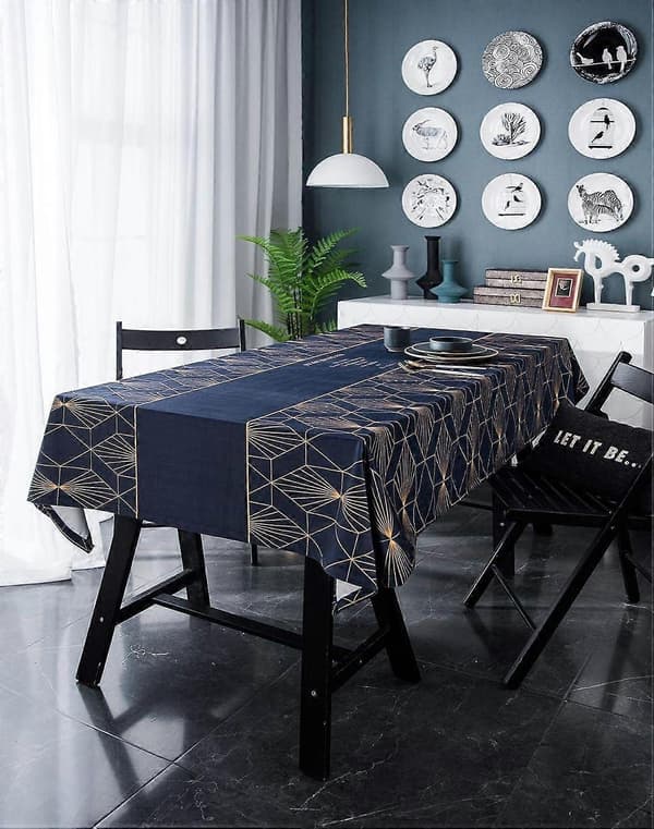 Blå rektangulær fløjl dug, guldmønstret polyester dug restaurant dug, juledug, 140x200cm