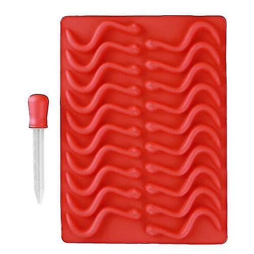 Silikon Gummy Worm Mold Candy Sugercarft Baking Molds Med Dropper Tool（Rød）