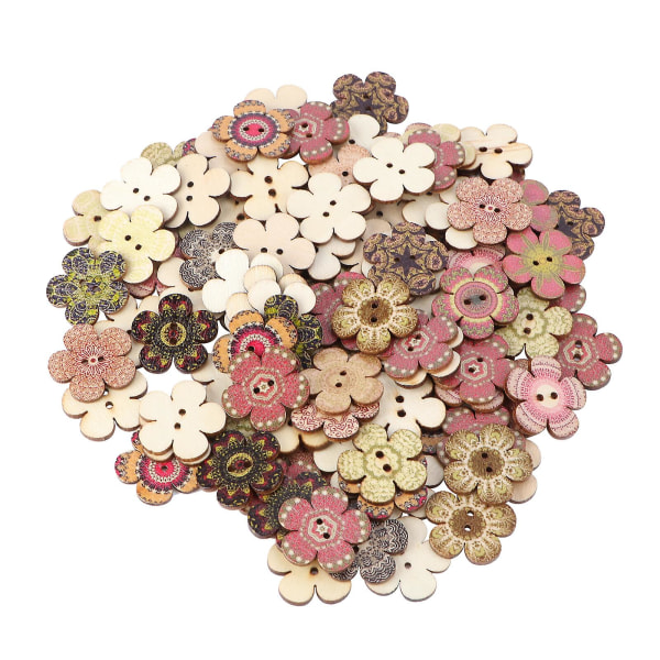 100 klærknapper i tre DIY blomsterformede knapper malte knapper (2X2 cm, farge)