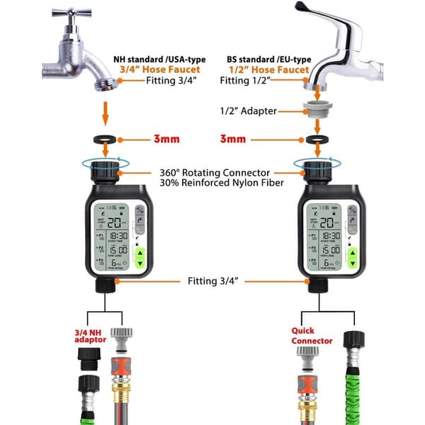 Vattentimer, automatisk bevattningstimer med 3 separata bevattningssystem / Automatisk regnsensor / Barnsäkert läge
