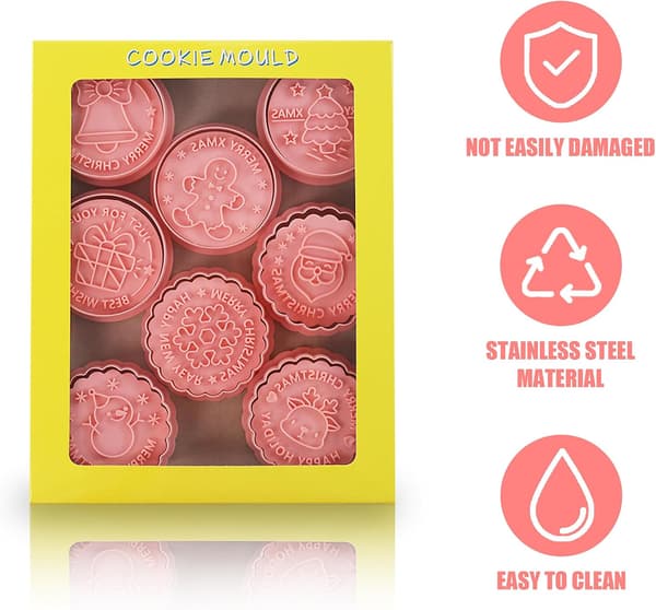 Julekakeformsett, 8-delt plaststempelsett for baking og dekorering