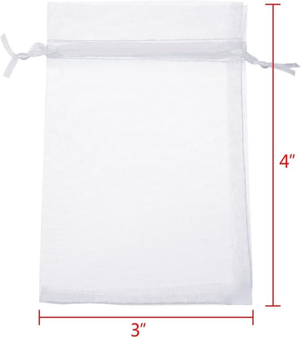 Mesh-smyckespåsar med dragsko, 100-pack, transparenta organza-presentpåsar för bröllopsfest och julklappar, storlek 3\" x 4\" (vit)