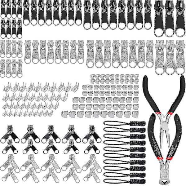 197 st Zipper Reparationssats, Ersättning Dragkedja Slider Dragkedja Ersättning Med 2 Mini Tänger, För Kläder, Väska, Jackor, Tält, Bagage