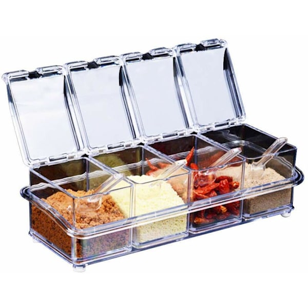 Kryddbox Set 4 st Transparenta Flaskor Salt Spice Jar, Kryddburkar Kökskryddförvaring Behållare med 4 Skedar Konservburk Lock och Sked