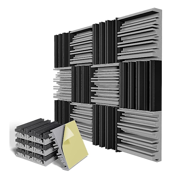 12-pack självhäftande ljudisoleringsskumplattor, 12 x 12 x 2 tum akustiskt skum, för vägg, hem, studio (gråsvart)