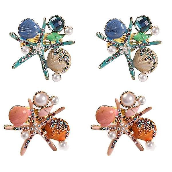 4 stk. søstjerne servietringe, perle rhinestone ocean kystnære nautiske servietringholdere servietspænde（blå）