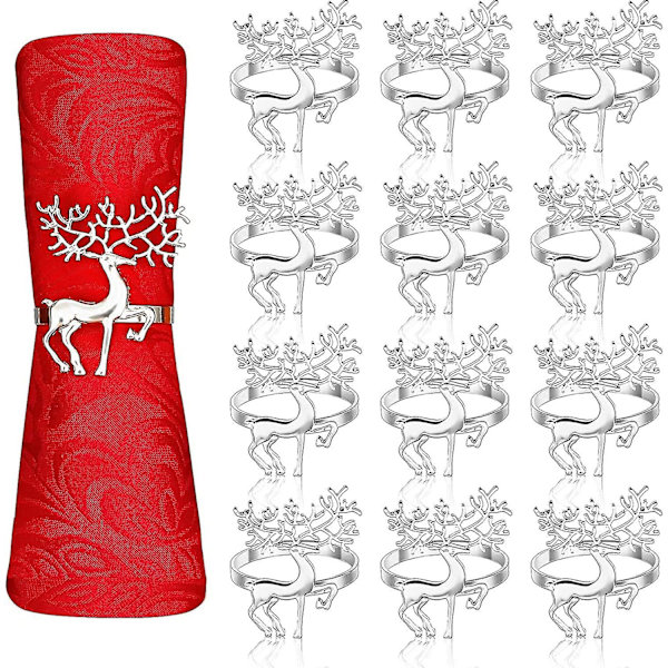 12 st julren-servettringar, 6 cm silverälg-servetthållare, renservetspänne för julbordsdekoration