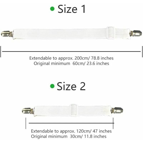Set med 4 sängklädestillbehör justerbar lakansträckare elastisk remfäste, för lakan, soffa, strykbrädesöverdrag - 30cm till 120cm, vit