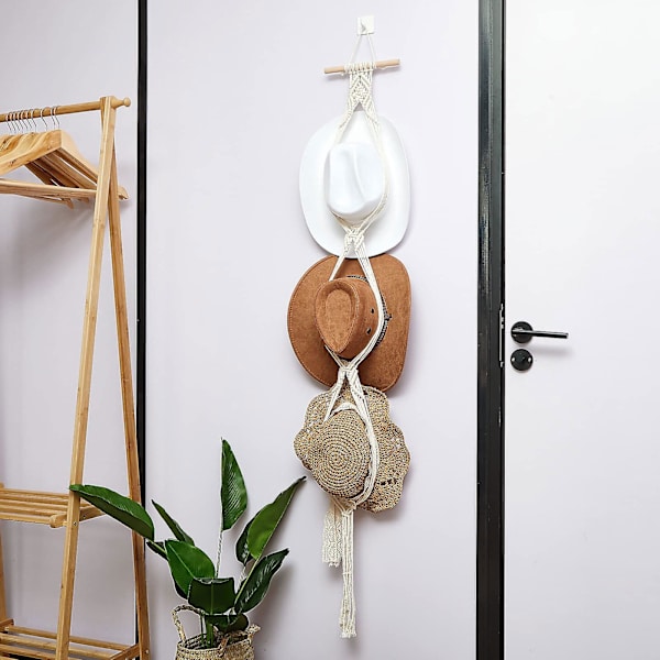 Macrame hattgalgar hatt hållare för vägg bohemisk kvinnor hatt rack hatt arrangör för vägg hängande hatt rack dekorativ kepshållare för bred brätte keps