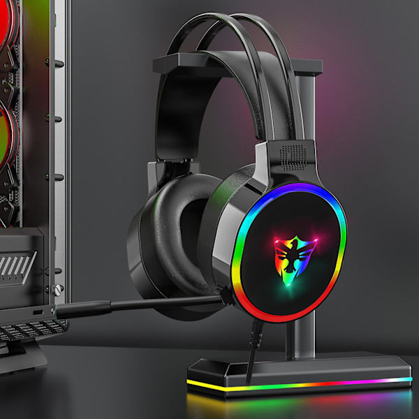Gamingheadset med mikrofon, de flesta bärbara datorer, over-ear-hörlurar med LED RGB-ljus, brusreducerande mikrofon, 7.1 stereoljud FAN0482（Svart）