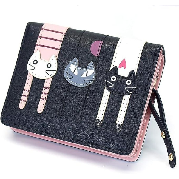 (svart) Mini kunstskinn bifold søt 3 katter glidelås veske Lommebok Tote gave til kvinner