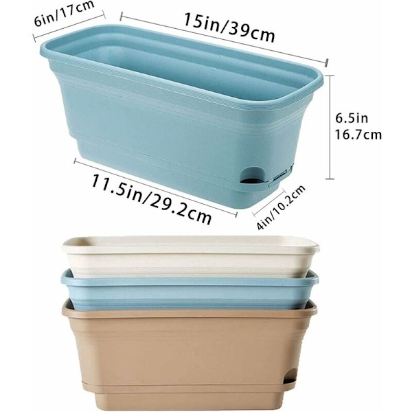 40cm Självbevattnande Kruka Rektangulär Plastkruka Krukor Moderna Dekorativa Krukor för Alla Växter, Blommor, Örter - Blå, Set med 2