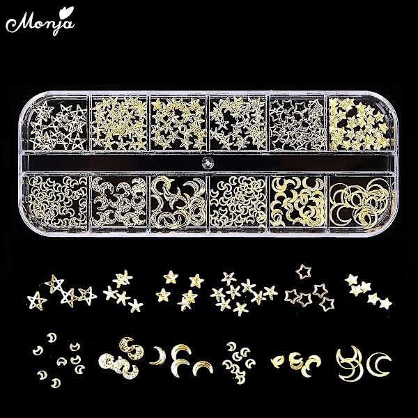 4339 Sekoitettu 3d DIY-koristekynsien taidekuu tähti kultaiset metalliset niittitapit