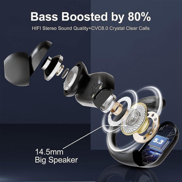 Bluetooth 5.3 hörlurar, ipx8 vattentäta öronsnäckor, Enc Hd Call, In-ear hörlurar Trådlös djup bas (svart)
